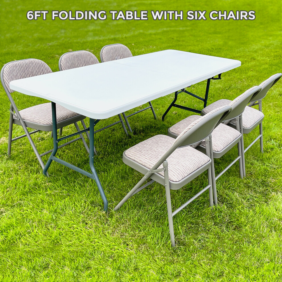 Janoon (6Ft Folding Table + 6 Folding Chairs) 6Ft Camping Catering Heavy Duty Folding Table Trestle Picnic Bbq Party Chairs White
