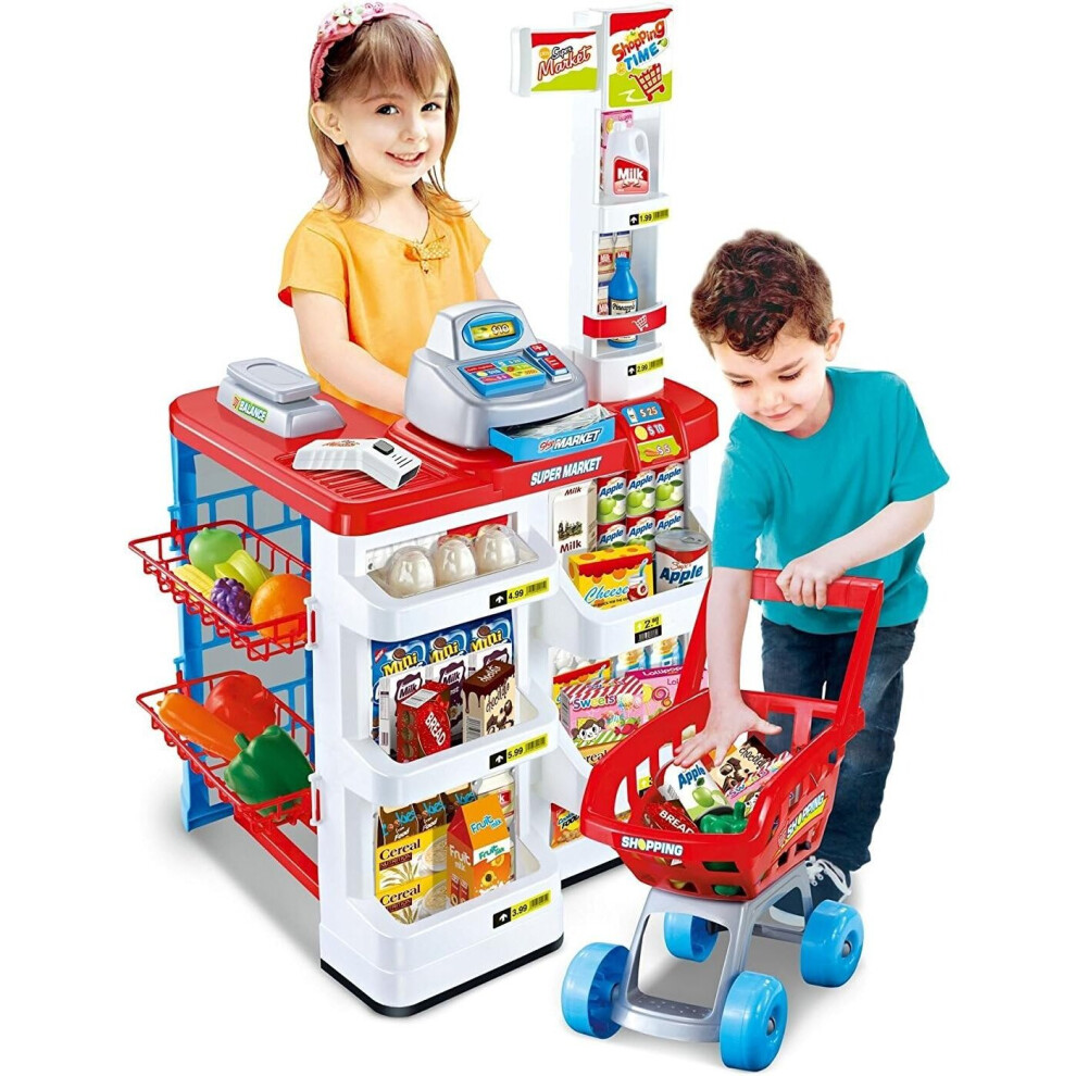 Pretend Role Play Supermarket Shop Toy Set With Trolley & Food, Lights & Sound