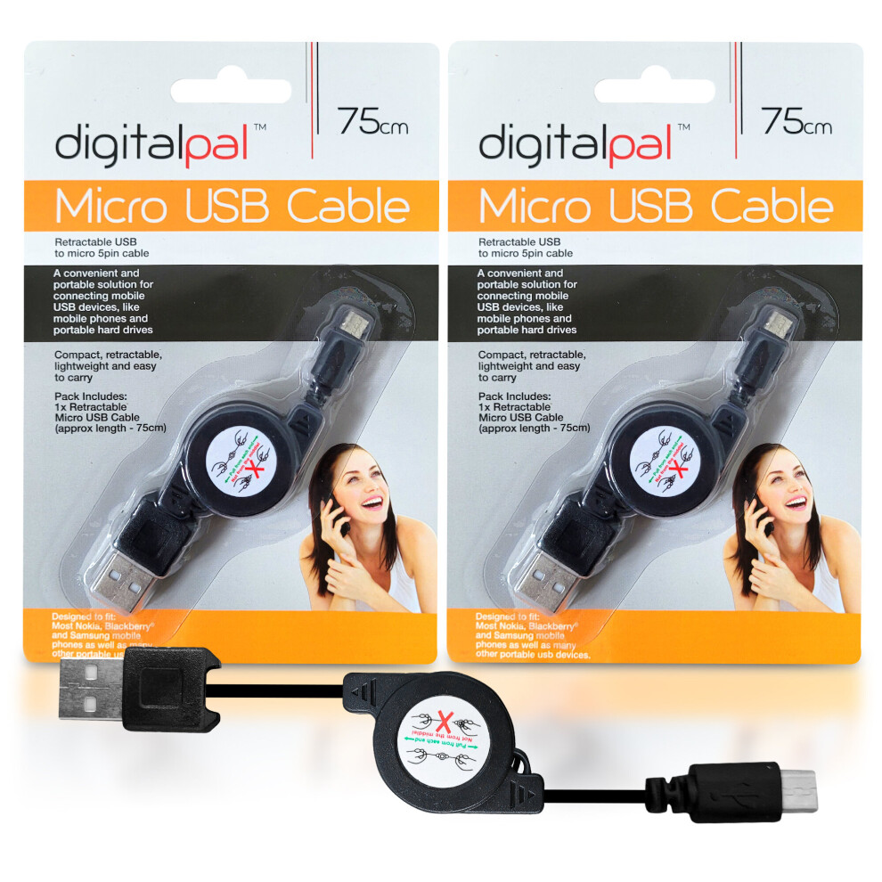 2pk 75cm Micro USB Retractable Charger Cable (Samsung Galaxy)