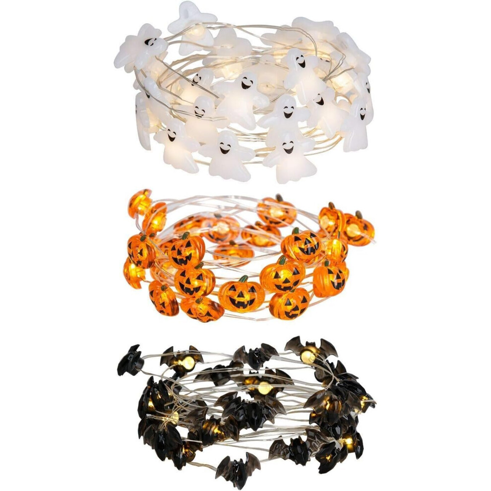 EAMBRITE Halloween Lights Set of 3 Themed Fairy Lights with 30 LED Pumpkin Bat and Ghost Indoor Halloween Decorations Battery Powered with 8