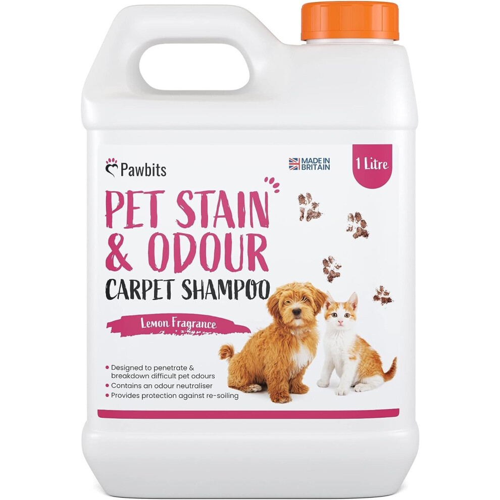 Pawbits Pet Stain and Odour Carpet Shampoo 1L Super Concentrated - Lemon Scented Carpet and Upholstery Cleaner with Odour Neutraliser