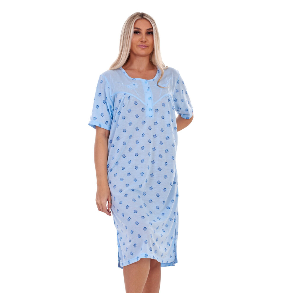 (Blue, M) Malay Plus Size Ladies Nightwear Buttons Floral Print Short Sleeve Nighties M to 6XL