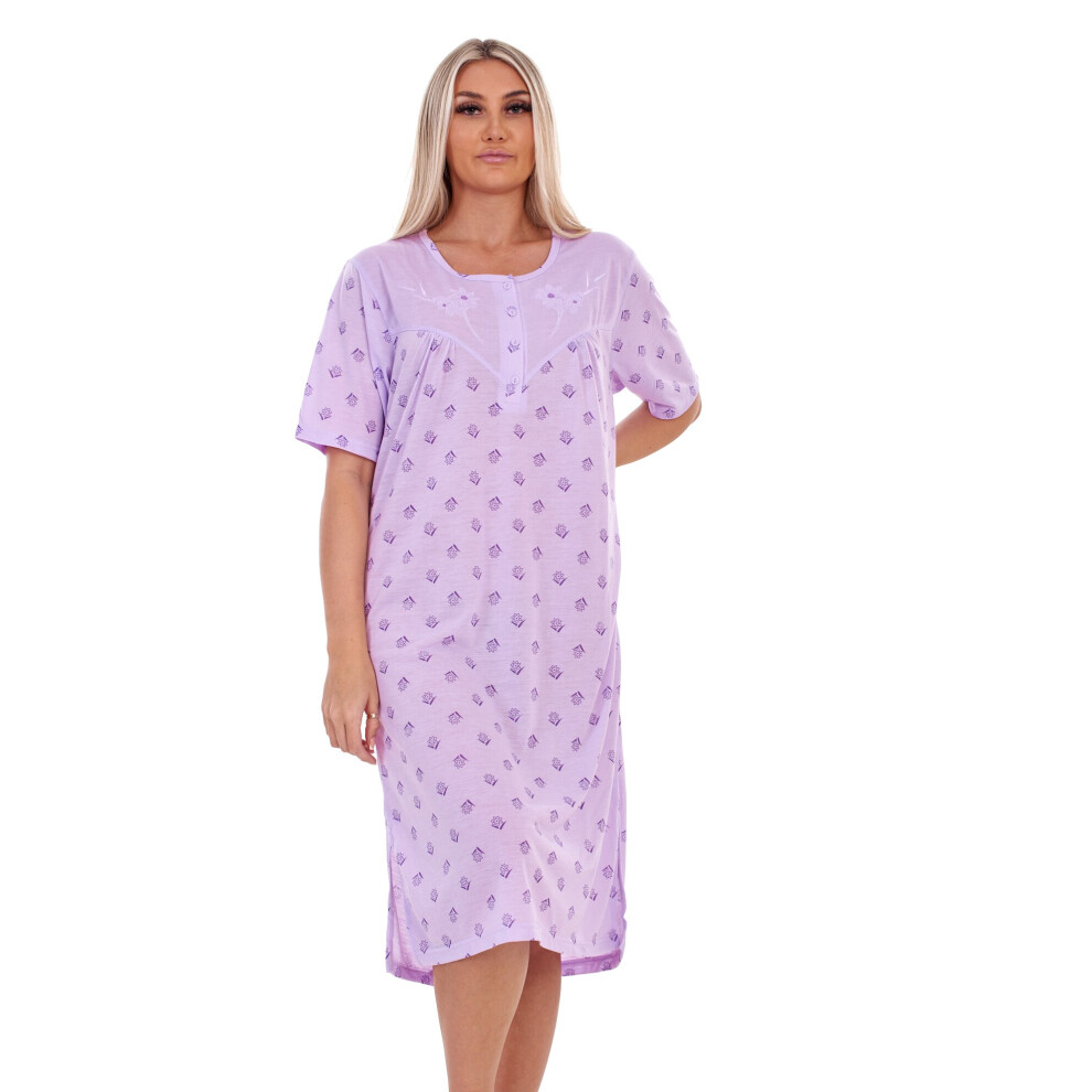 (Lavender, M) Malay Plus Size Ladies Nightwear Buttons Floral Print Short Sleeve Nighties M to 6XL