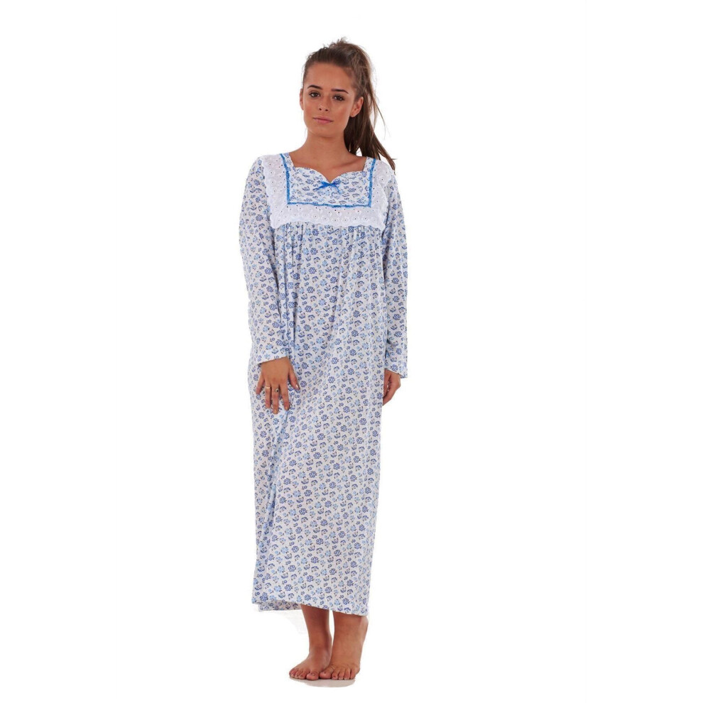 (Blue, M) Malay Women Nightwear Floral Print 100% Cotton Long Sleeve Long Nightdress M to XXXL