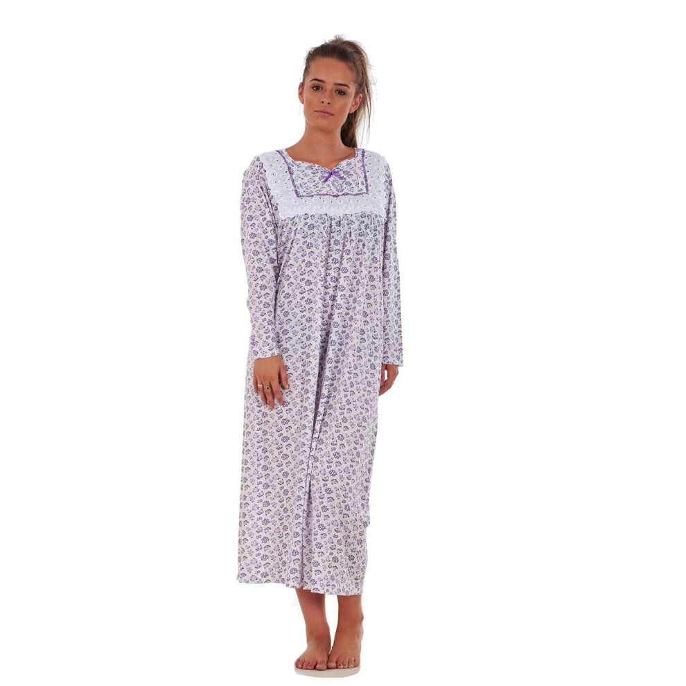 (Lavender, M) Malay Women Nightwear Floral Print 100% Cotton Long Sleeve Long Nightdress M to XXXL