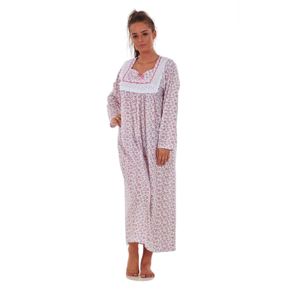 (Pink, XL) Malay Women Nightwear Floral Print 100% Cotton Long Sleeve Long Nightdress M to XXXL