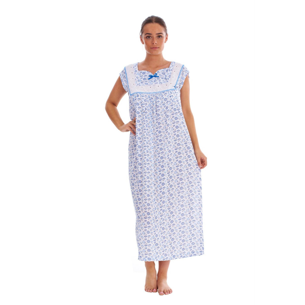 (Blue, XL) Malay Women Sleeveless Nightwear Floral Print 100% Cotton Long Nightdress M to XXXL