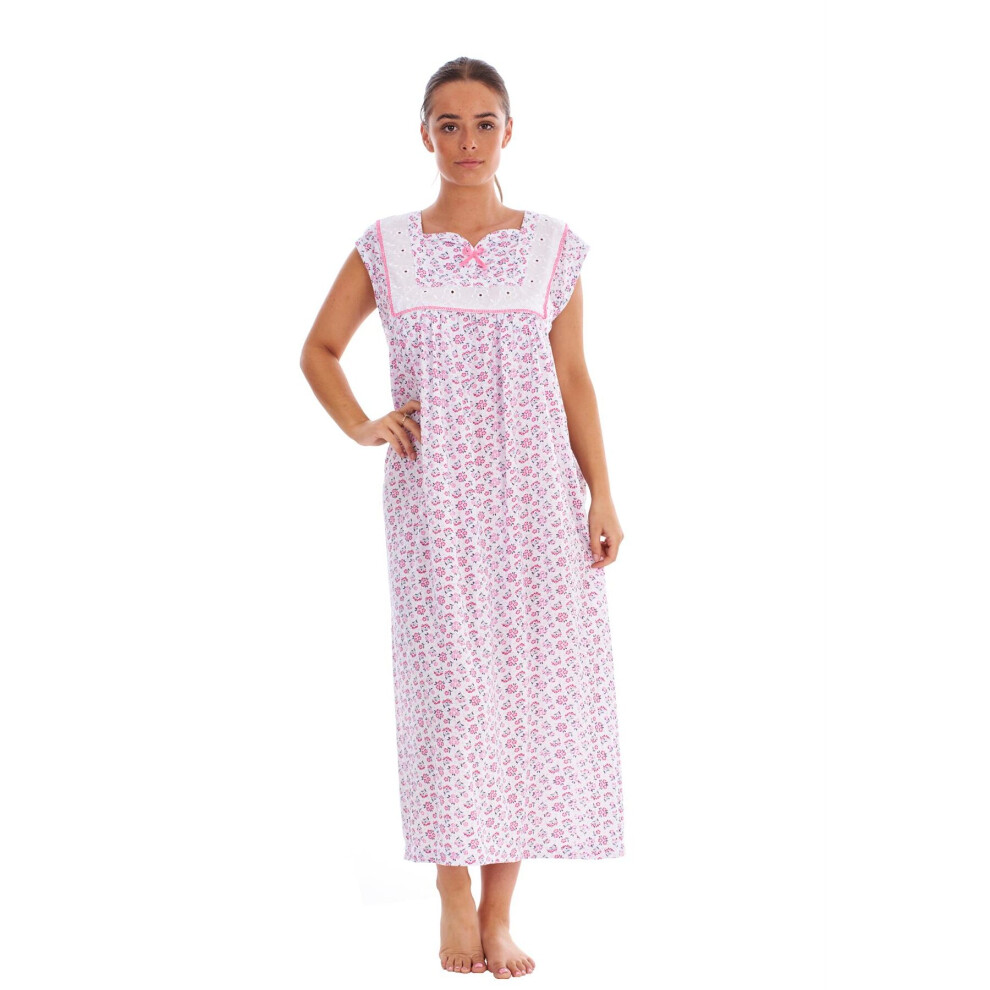 (Pink, L) Malay Women Sleeveless Nightwear Floral Print 100% Cotton Long Nightdress M to XXXL