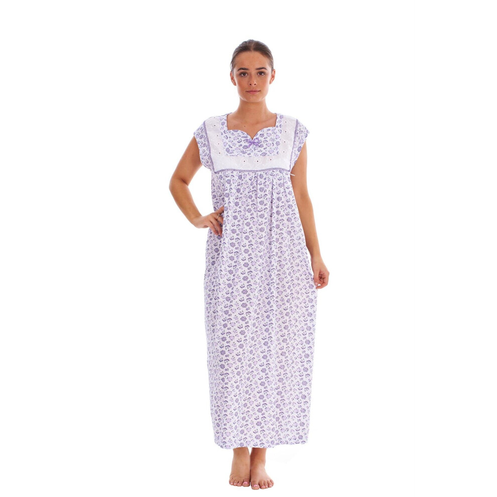 (Lavender, M) Malay Women Sleeveless Nightwear Floral Print 100% Cotton Long Nightdress M to XXXL
