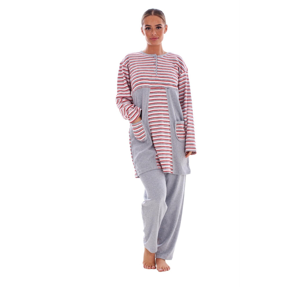 (Pink Grey, M) Malay Winter Cotton Pyjama Set Long Sleeve Pockets Striped Soft Smooth Stretchy Ribbed