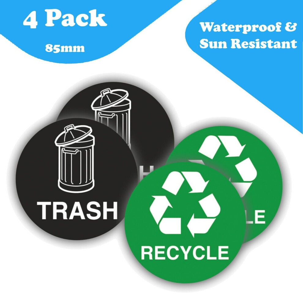 (4) Weatherproof Trash & Recycle Bin Vinyl Stickers - 85mm