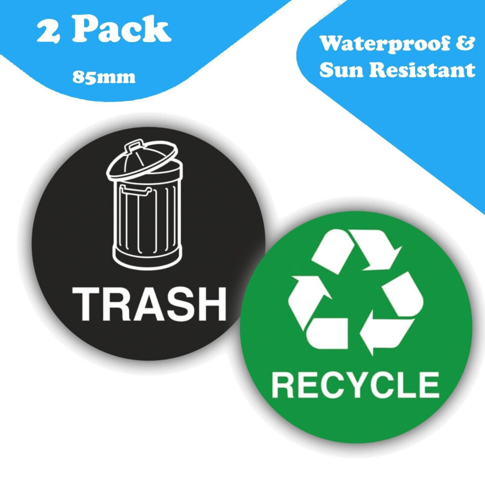 (2) Weatherproof Trash & Recycle Bin Vinyl Stickers - 85mm