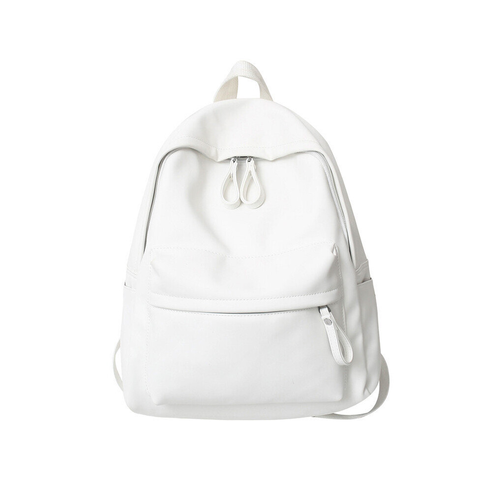(White) Backpack Pu Leather Student Schoolbag Pure Color Large Bag Birthday  Presents