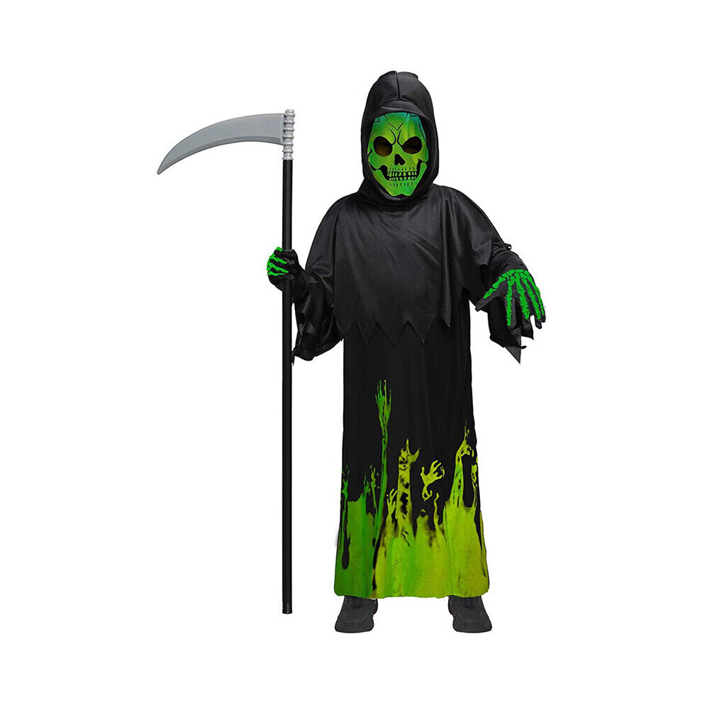 (L(130-140CM), Clothes + Scythe) Glow in the Dark Scary Grim Reaper Costume for Kids Boys and Girls Halloween Scary Phantom Costume Boys Reaper Scythe