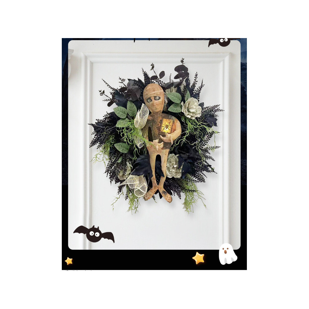 Halloween Mummy Wreath Indoor Outdoor Horror Decor Wall Hanging Front Door Welcome Sign Porch Decorations for Home 50CM