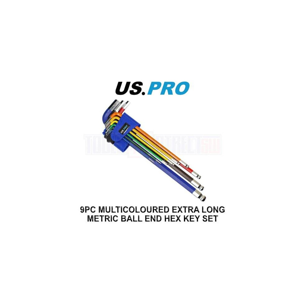 US PRO Tools 9PC Multicoloured Extra Long Metric Ball End Hex Key Set 1.5 - 10mm 1634