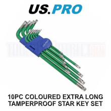 US PRO Tools 10PC Coloured Extra Long Tamperproof Star Key Set T9 - T50 1643