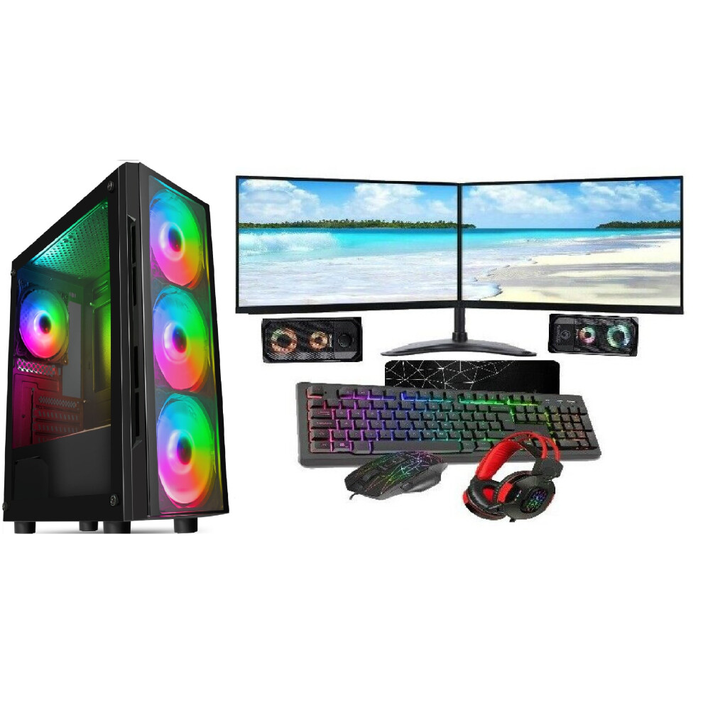 Gaming PC Core i5 16GB RAM 1TB+128GB SSD GT1030 2GB 2x22 Monitor Dual Stand FLASH