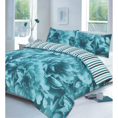 (Single, Rose Teal) PRINTED DUVET COVER SET EGYPTION POLY COTTON QUILT BEDDING SET DOUBLE KING SIZE
