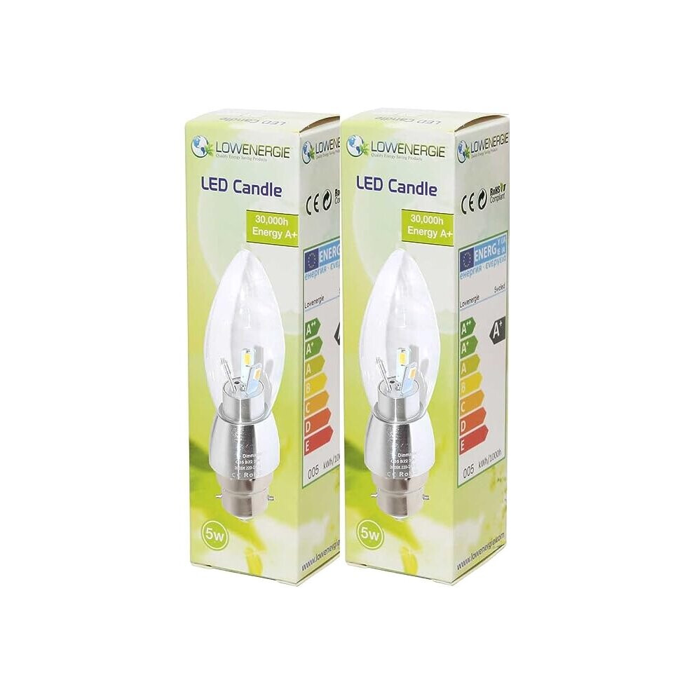 (2 Pack) 5w B22 LED Candle Light Bulb Warm White Dimmable by Lowenergie