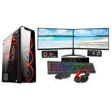 Gaming PC Core i5 16GB RAM 1TB+128GB SSD GT1030 2GB 2x22 Monitor Dual Stand 6 FANS RED
