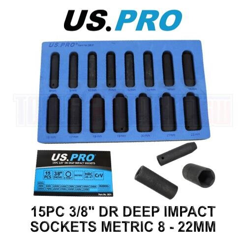 us pro US PRO Tools 15PC 3/8" DR 6PT Deep Impact Socket Set Metric 8 - 22MM 3831