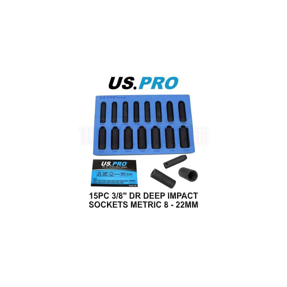 US PRO Tools 15PC 3/8" DR 6PT Deep Impact Socket Set Metric 8 - 22MM 3831