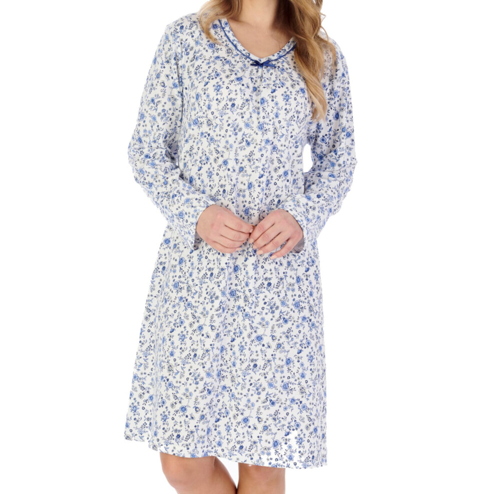 (Blue, UK 24/26) Slenderella Ladies Ditsy Floral Long Sleeve Cotton Jersey Nightdress