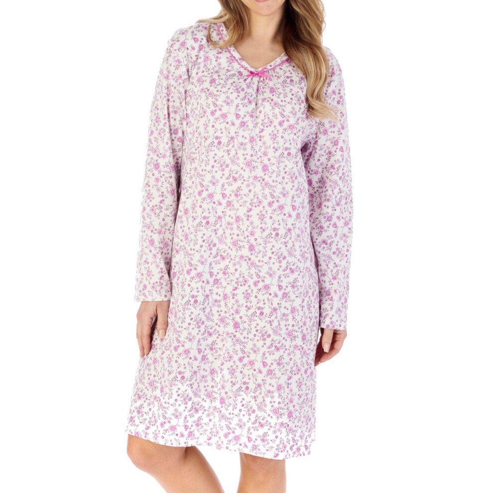 (Pink, UK 24/26) Slenderella Ladies Ditsy Floral Long Sleeve Cotton Jersey Nightdress