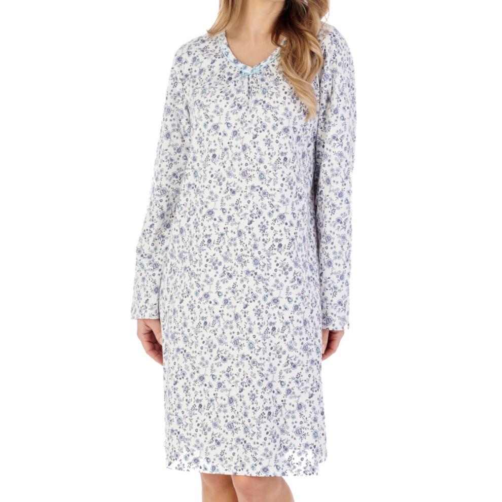 (Grey, UK 24/26) Slenderella Ladies Ditsy Floral Long Sleeve Cotton Jersey Nightdress