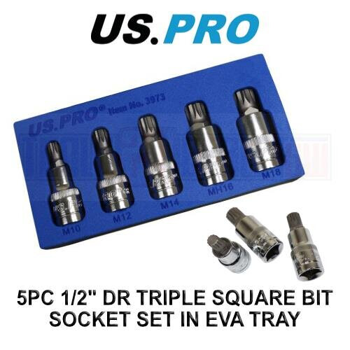 us pro US PRO Tools 5PC 1/2" DR Triple Square Bit Socket Set In EVA Tray M10 - M18 3973