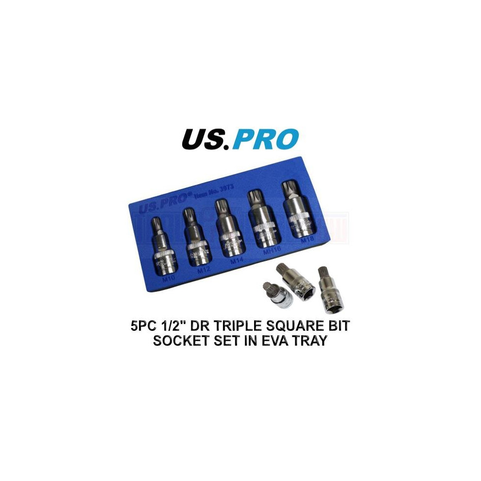 US PRO Tools 5PC 1/2" DR Triple Square Bit Socket Set In EVA Tray M10 - M18 3973