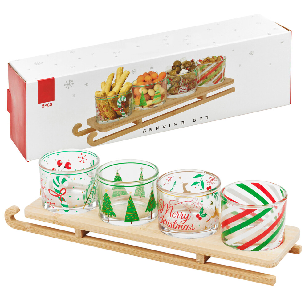 Urbn Living 5 Pcs Christmas Glass Nibbles Snack Dishes Wooden Sledge Serving Tray