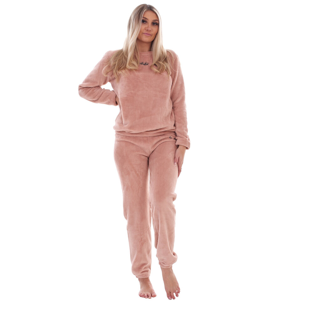 (Pink, XXL) Malay Ladies Fleece Pyjama Set Soft Warm Crew Neck Top Pants Loungewear Nightwear