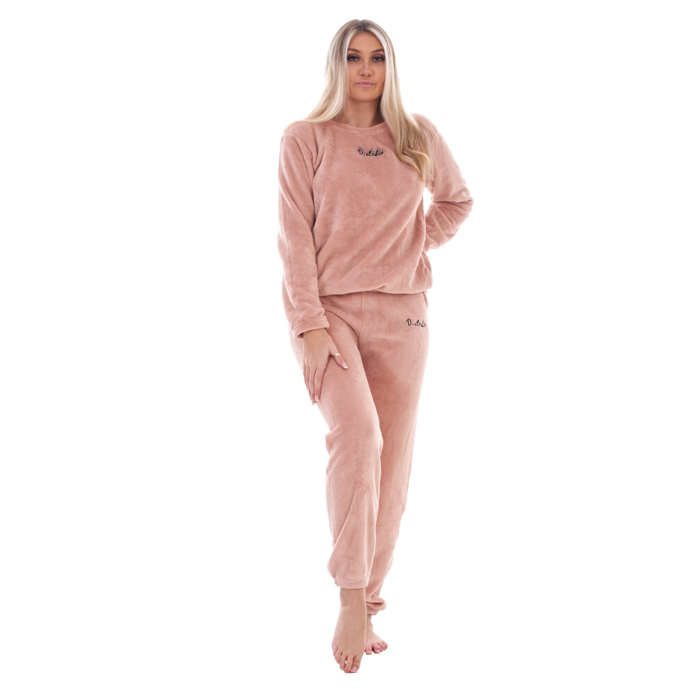 (Pink, M) Malay Ladies Fleece Pyjama Set Soft Warm Crew Neck Top Pants Loungewear Nightwear