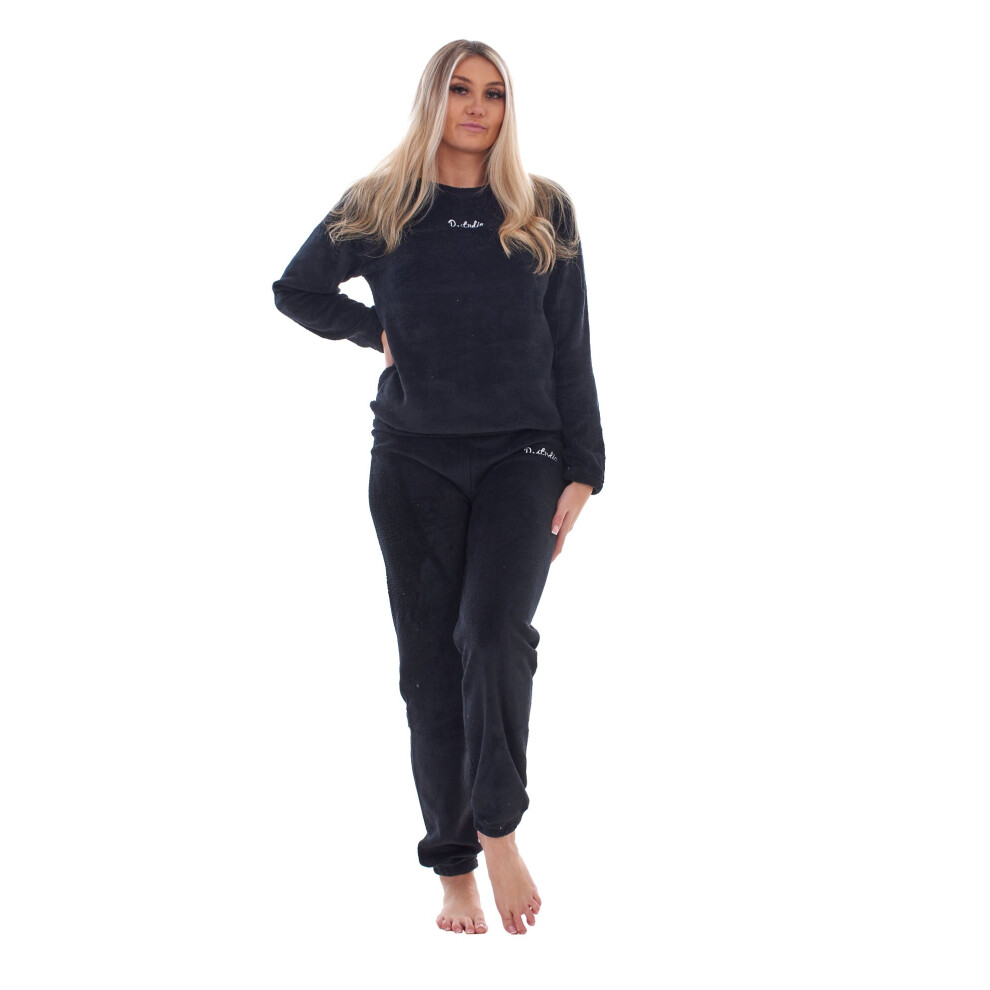 (Black, L) Malay Ladies Fleece Pyjama Set Soft Warm Crew Neck Top Pants Loungewear Nightwear