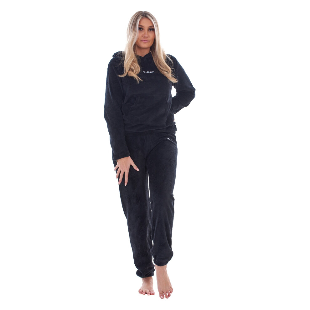 (Black, L) Malay Ladies Fleece Pyjama Set Soft Warm Pocket Hooded Top Pants Loungewear Nightwear