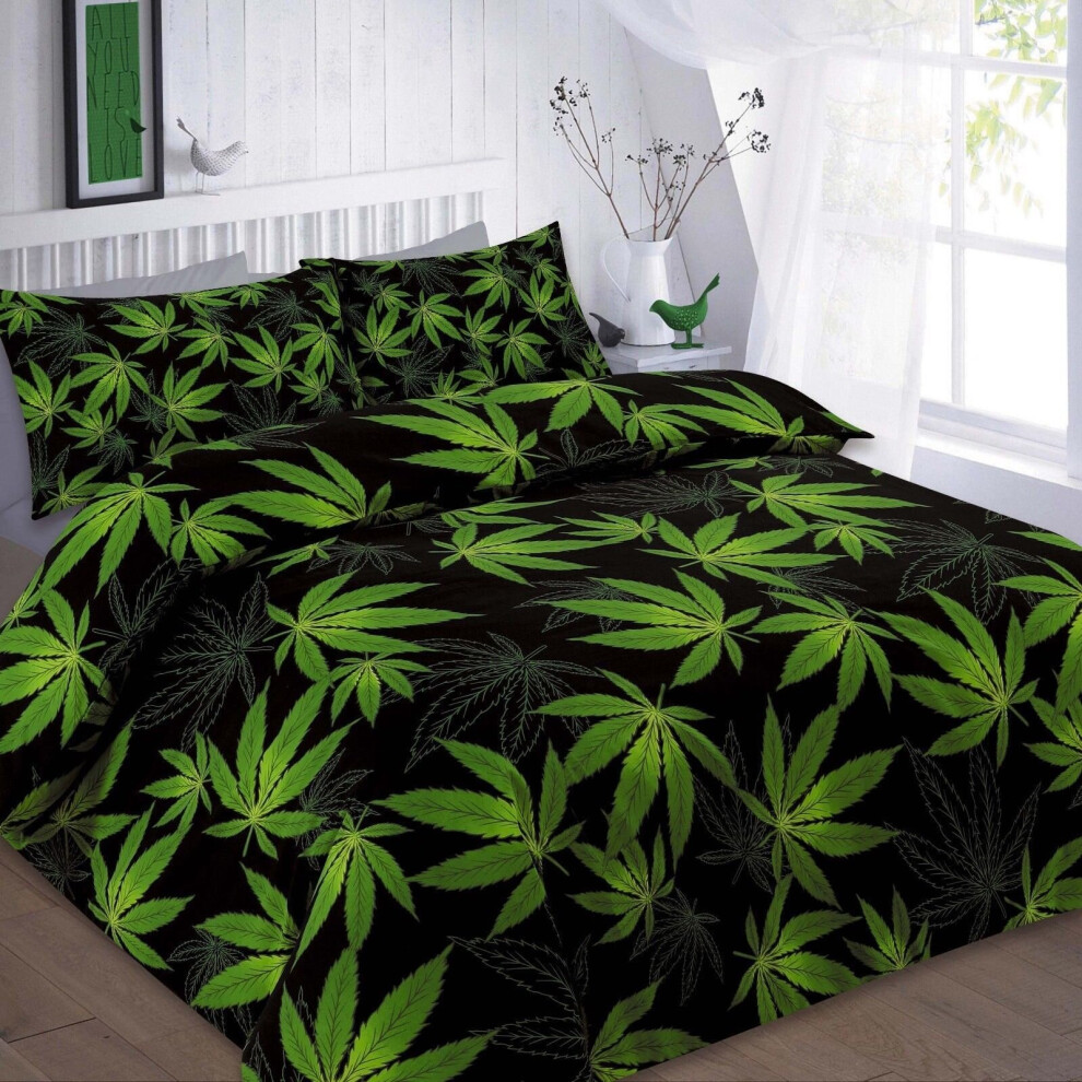 (Single, Black) Cannabis Marijuana Leaf Weed Green Print Duvet Cover and Pillowcase Bedding Set