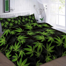 (Double, Black) Cannabis Marijuana Leaf Weed Green Print Duvet Cover and Pillowcase Bedding Set