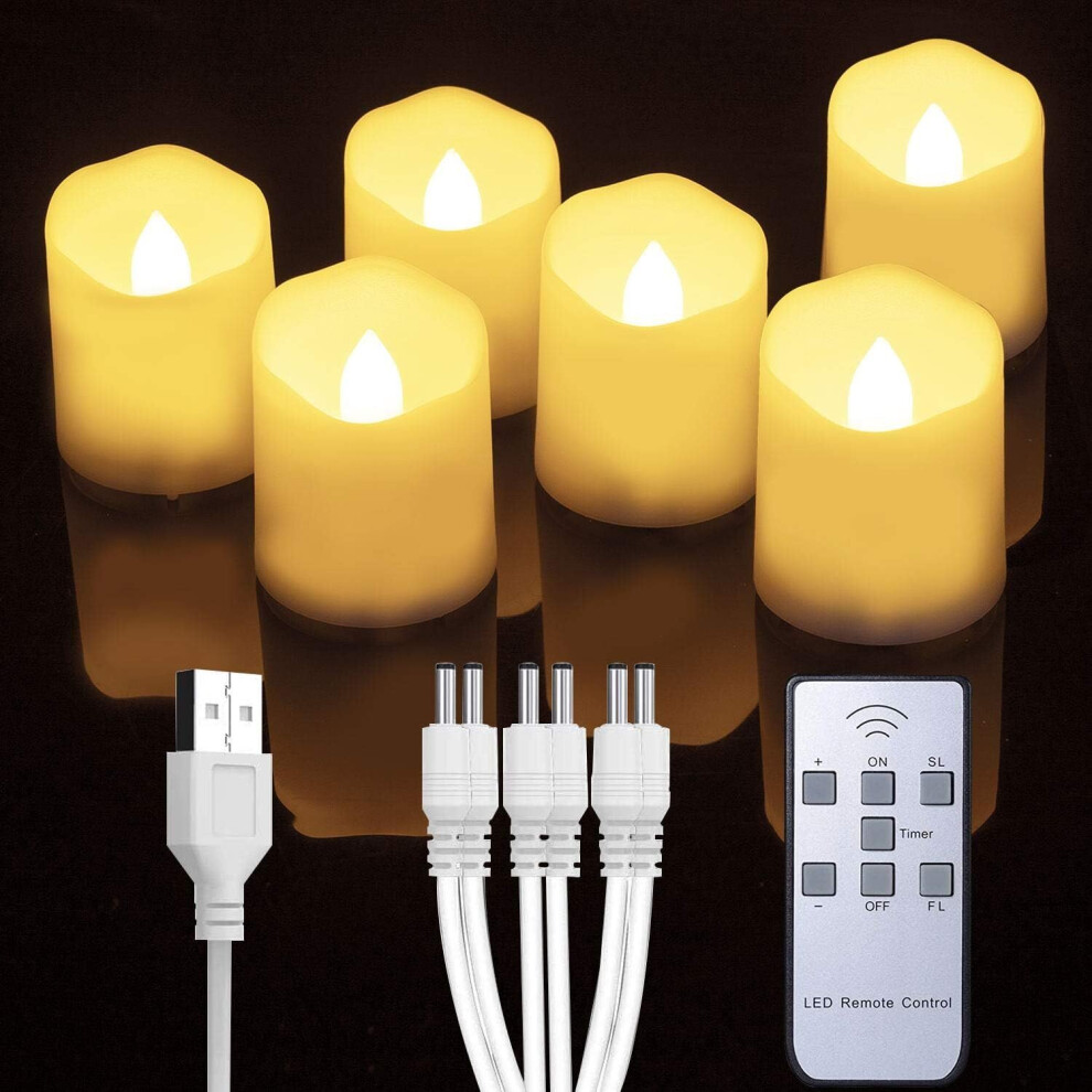 Homemory 6 PCS Rechargeable Flameless Tealights Votive Candles  Remote Battery Tea Lights  Timer Electric Fake Candle  Warm White USB Charging Cable