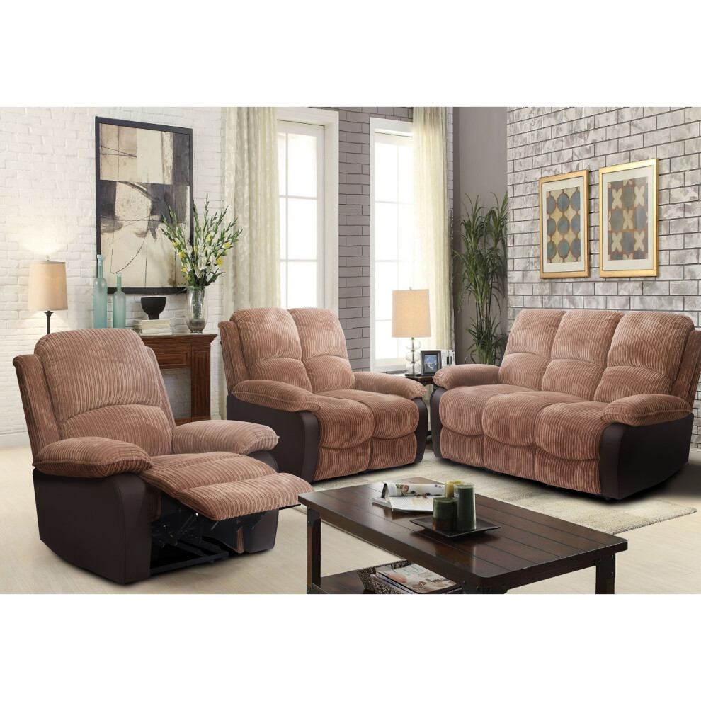 (Brown, 3 Seater + 2 Seater + Chair Set) Fabric Jumbo Cord Sofa 3 Seater 2 Seater Chair Recliners Grey or Brown