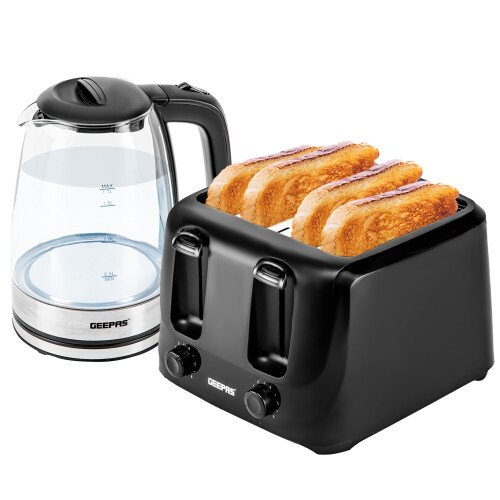 Geepas 4 Slice Bread Toaster & 1.7L Illuminating Glass Kettle Set