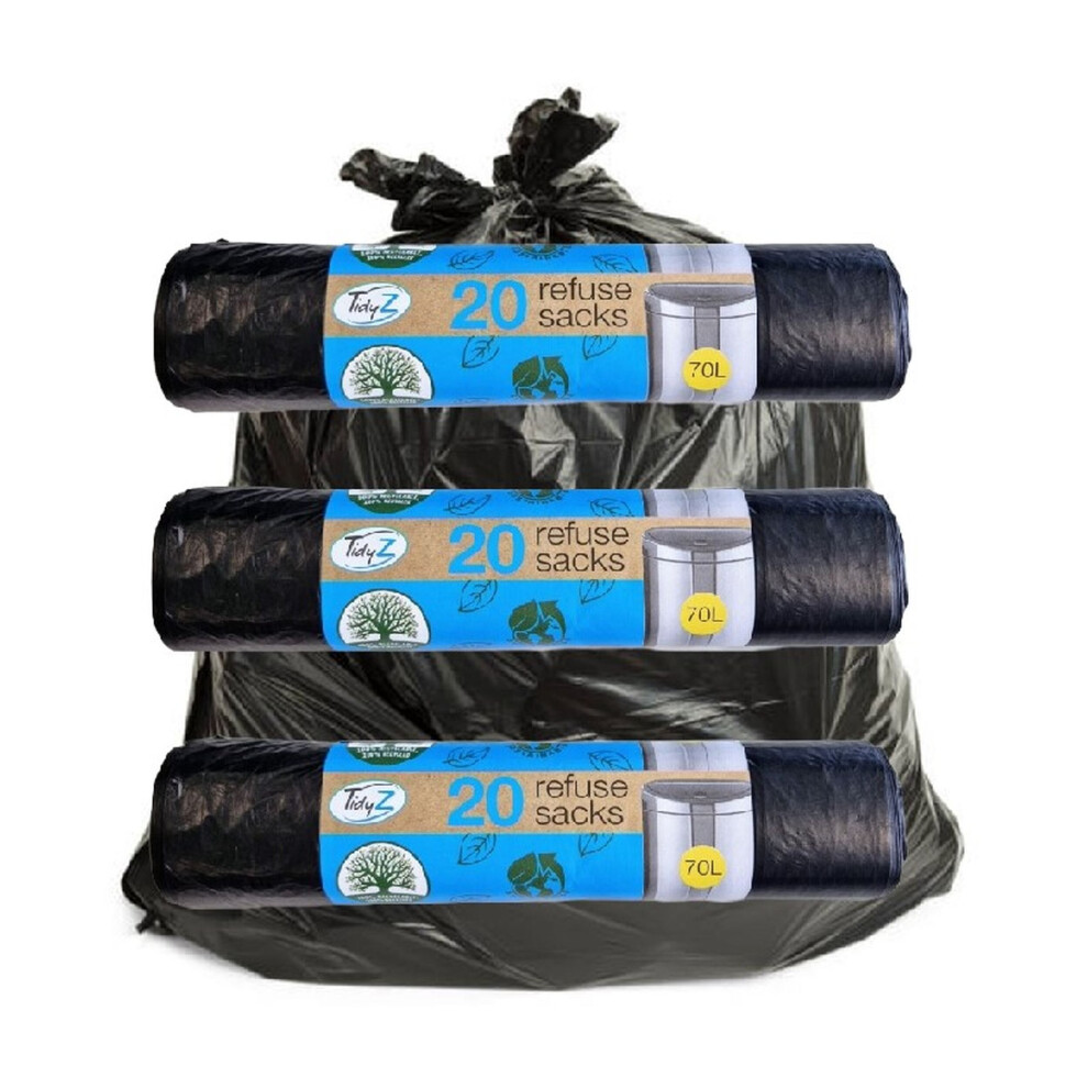 60 Black Bin Bags Household Refuse Sacks 70L Rubbish Waste Bin Liner