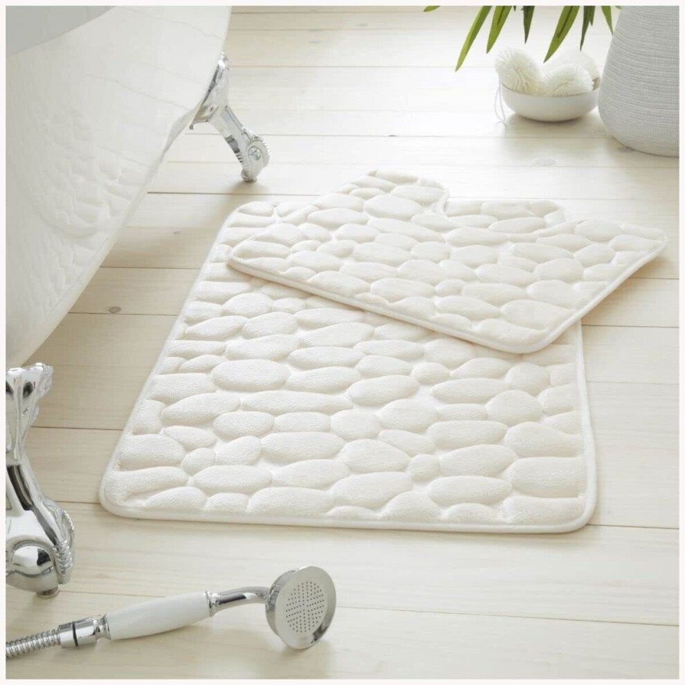 (Cream) Pebbles Block BATH MAT SET PEDESTAL NON SLIP SUPER SOFT TOILET BATHROOM RUG 2PC-image-OPC-PCBFZVK-NEW