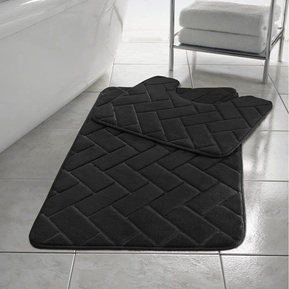 (Black) ebbles Block BATH MAT SET PEDESTAL NON SLIP SUPER SOFT TOILET BATHROOM RUG 2PC