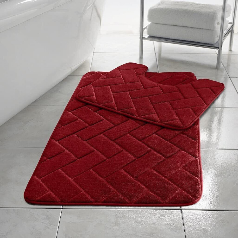 (Red) ebbles Block BATH MAT SET PEDESTAL NON SLIP SUPER SOFT TOILET BATHROOM RUG 2PC