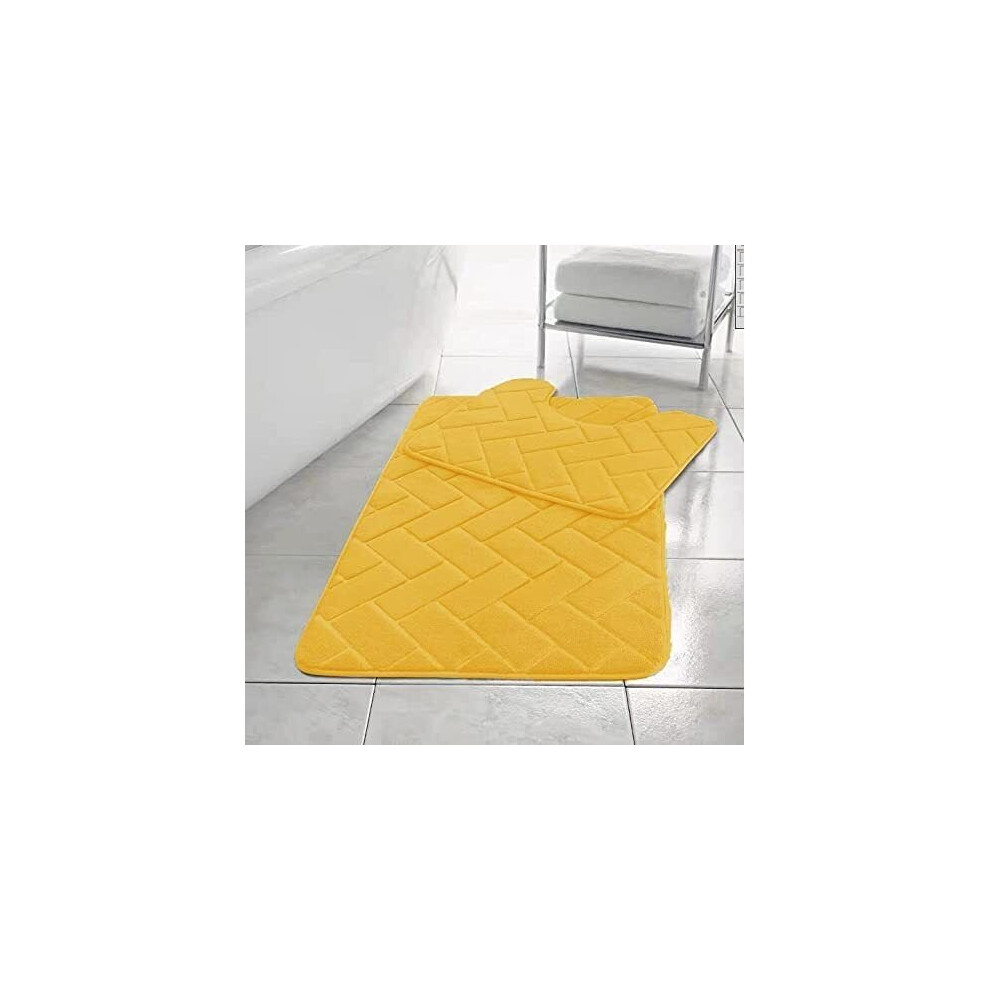 (Yellow) ebbles Block BATH MAT SET PEDESTAL NON SLIP SUPER SOFT TOILET BATHROOM RUG 2PC