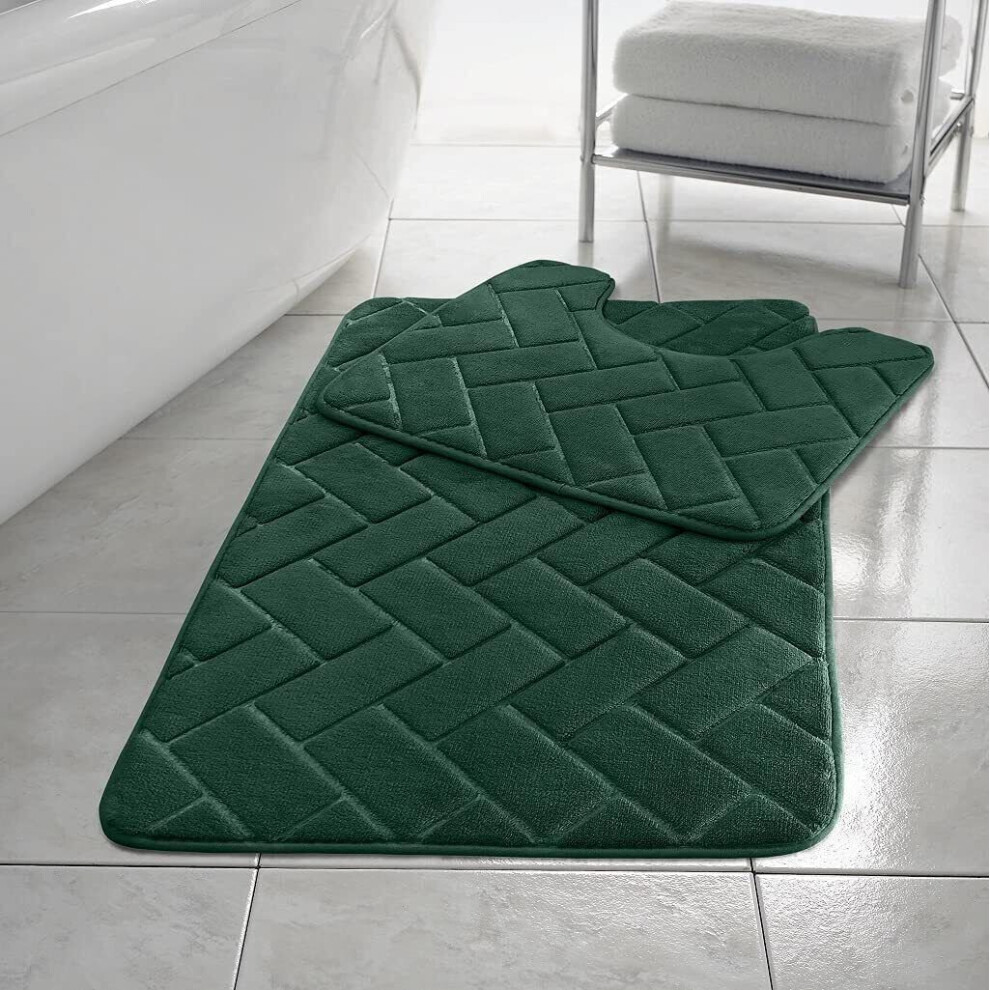 (Green) ebbles Block BATH MAT SET PEDESTAL NON SLIP SUPER SOFT TOILET BATHROOM RUG 2PC