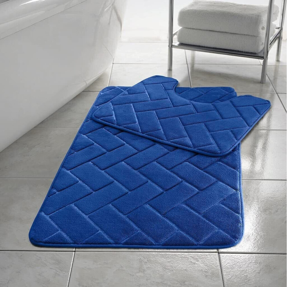 (Blue) ebbles Block BATH MAT SET PEDESTAL NON SLIP SUPER SOFT TOILET BATHROOM RUG 2PC