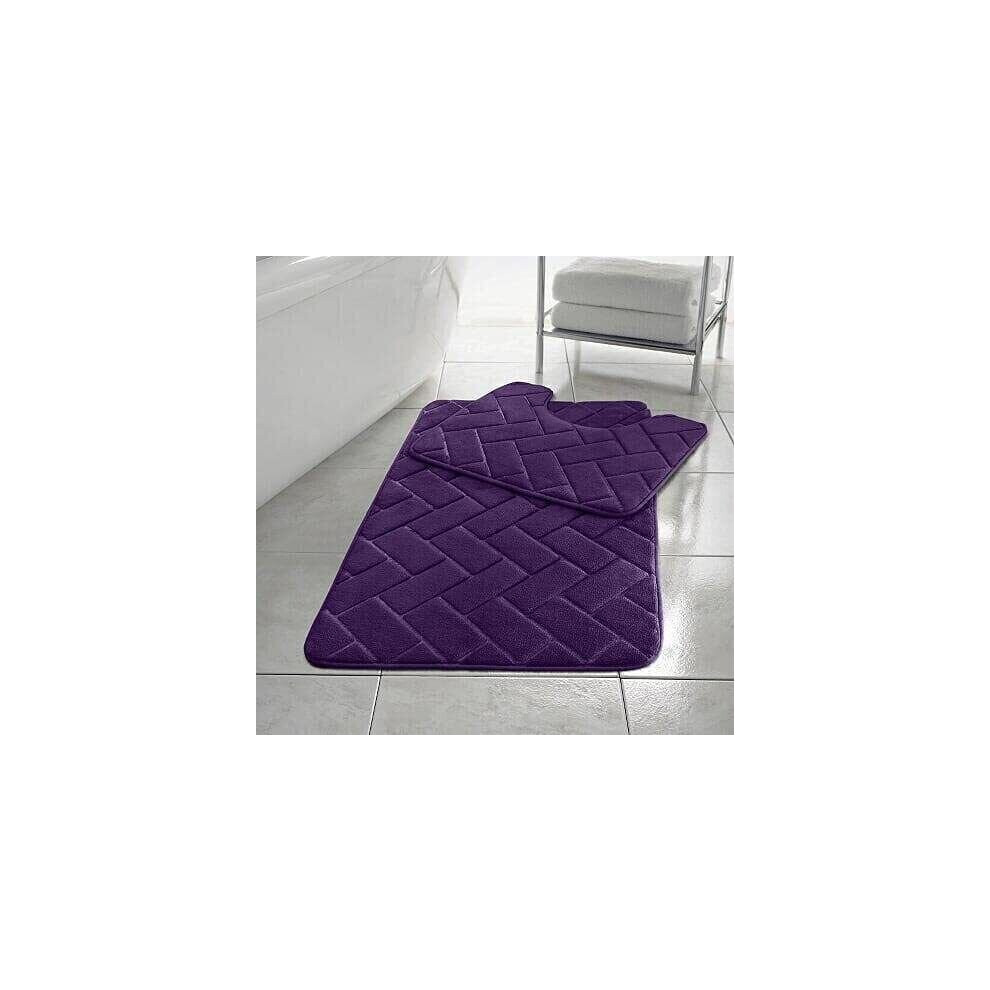 (Plum) ebbles Block BATH MAT SET PEDESTAL NON SLIP SUPER SOFT TOILET BATHROOM RUG 2PC